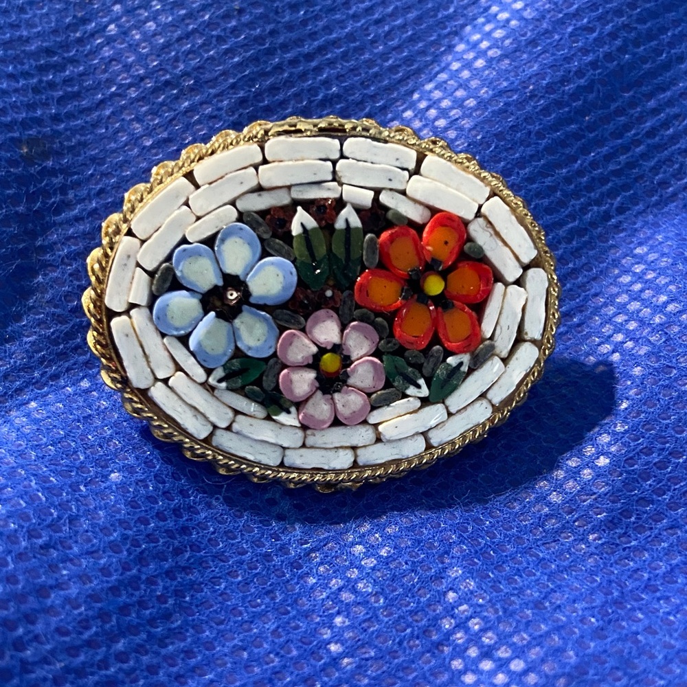 Colorful Floral Mosaic Brooch with Gold Trim